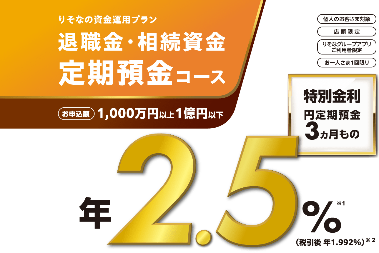 りそなの資金運用プラン 退職金・相続資金 定期預金コース お申込額 1,000万円以上1億円以下 個人のお客さま 店舗限定 りそなグループアプリご利用者限定 お一人さま1回限り 特別金利円定期預金3ヵ月もの 年2.5％※1 （税引後 年1.992％）※2