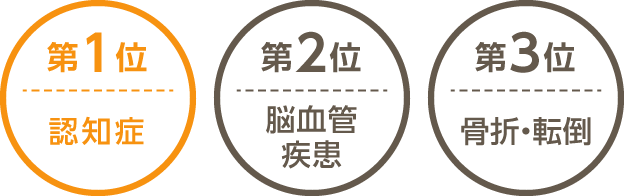 第1位：認知症。第2位：脳血管疾患。第3位：高齢による衰弱