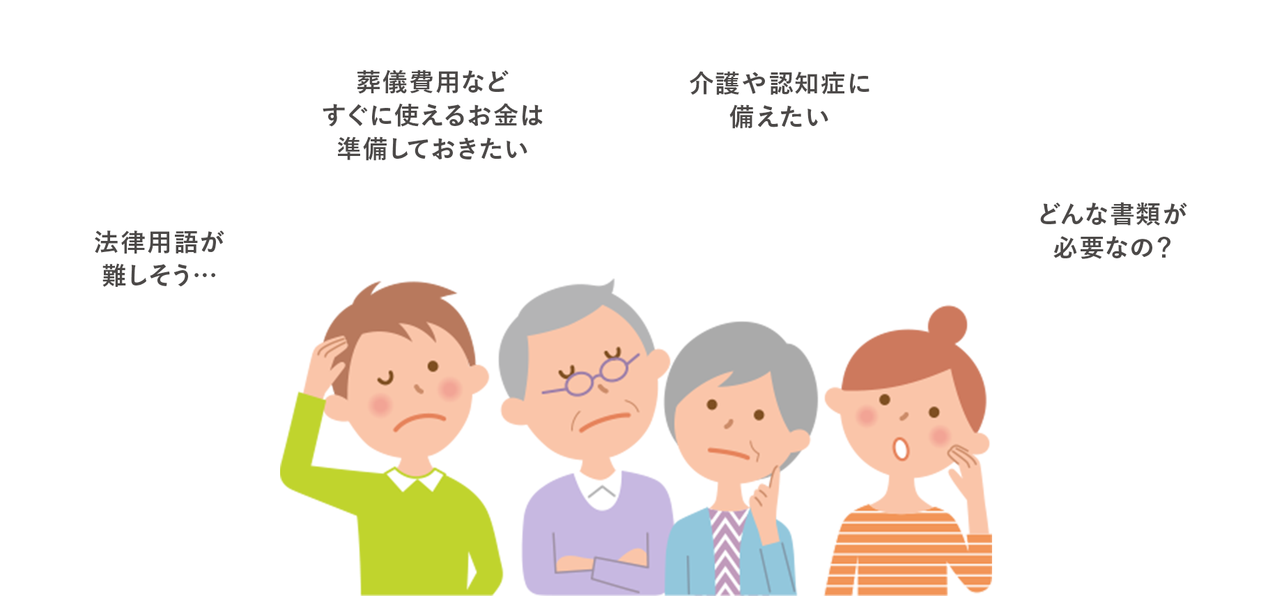 法律用語が難しそう… 葬儀費用などすぐに使えるお金は準備しておきたい　介護や認知症に備えたい　どんな書類が必要なの？