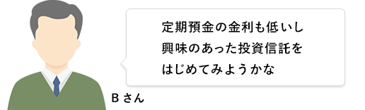 Bさん 定期預金の金利も低いし興味のあった投資信託をはじめてみようかな