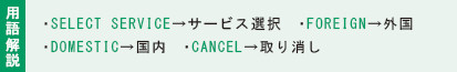 用語解説：・SELECT SERVICE→サービス選択　・FOREIGN→外国・DOMESTIC→国内　・CANCEL→取り消し