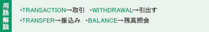 用語解説：・TRANSACTION→取引き　・WITHDRAWAL→引出す
・TRANSFER→振込み　・BALANCE→残高照会