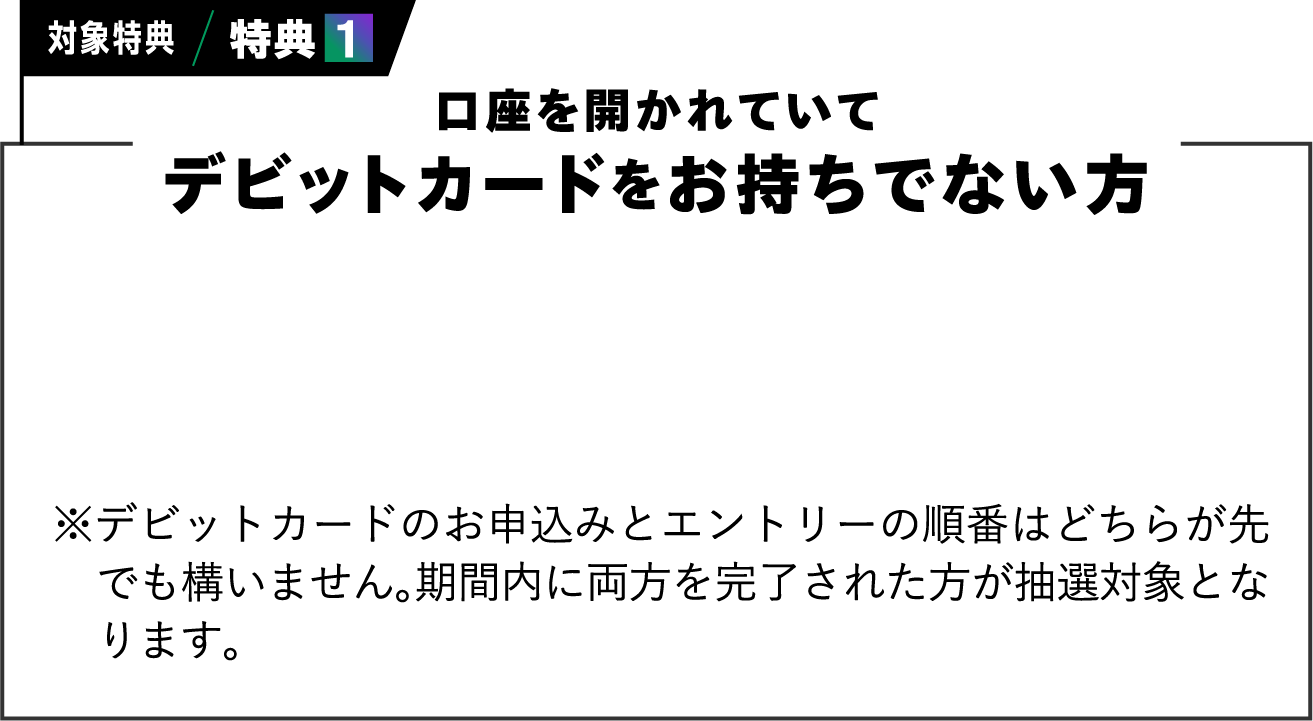 対象特典/特典１　口座を開かれていてデビットカードをお持ちでない方　※デビットカードのお申込みとエントリーの順番はどちらが先でも構いません。期間内に両方を完了された方が抽選対象となります。