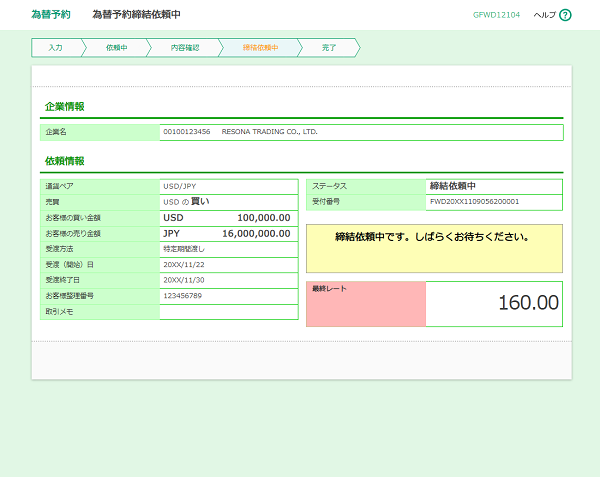 [GFWD12104]為替予約 為替予約締結依頼中画面