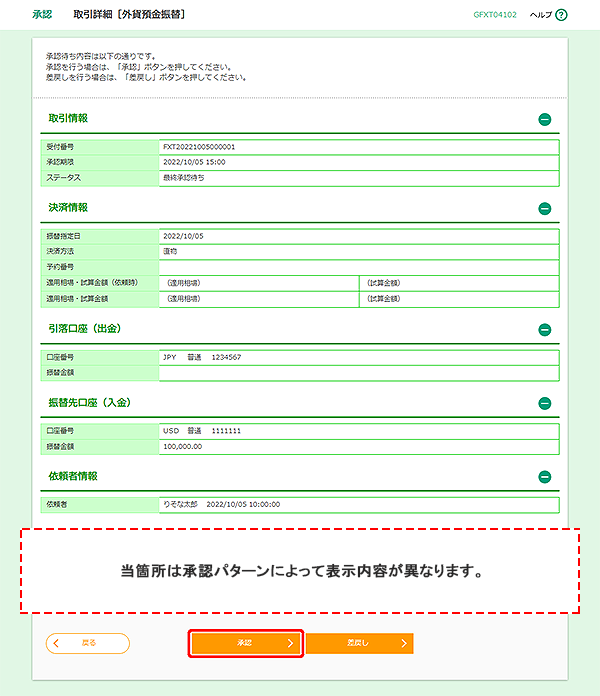 [GFXT04102]承認 取引詳細［外貨預金振替］画面