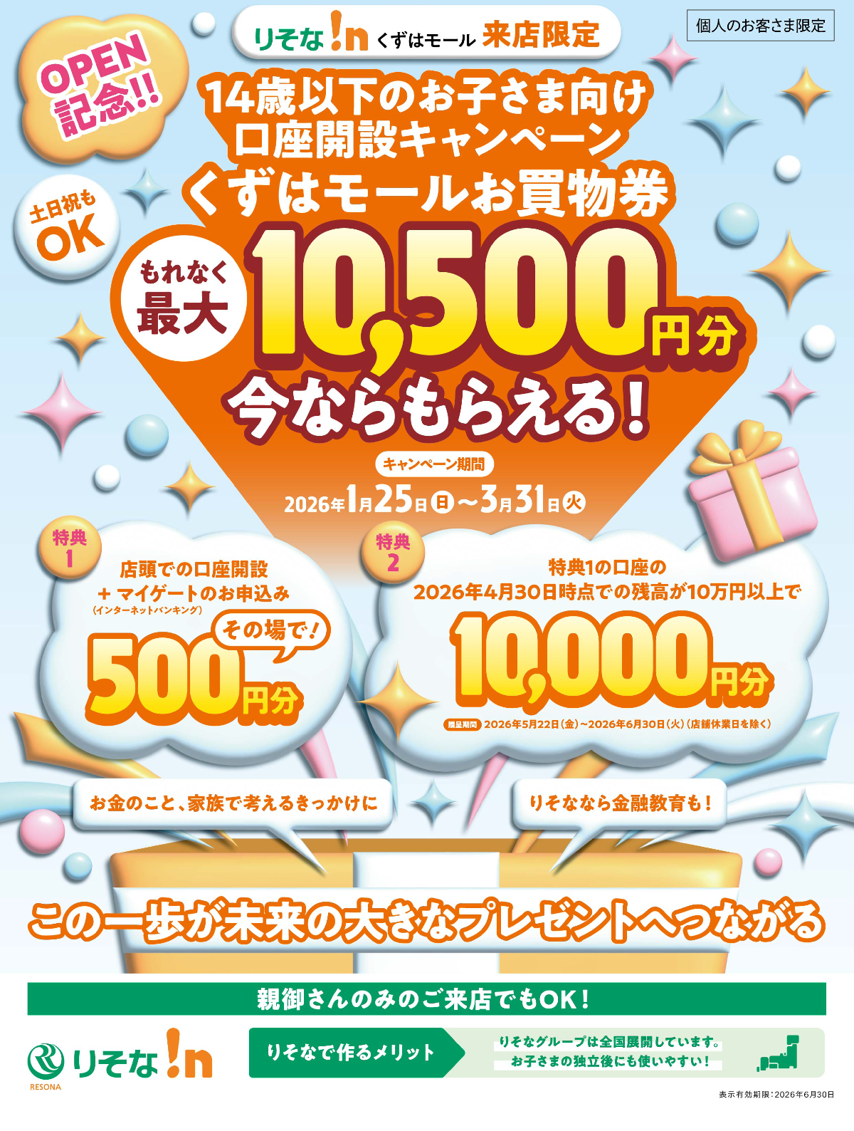 【14歳以下限定】りそな!nくずはモール口座開設キャンペーン